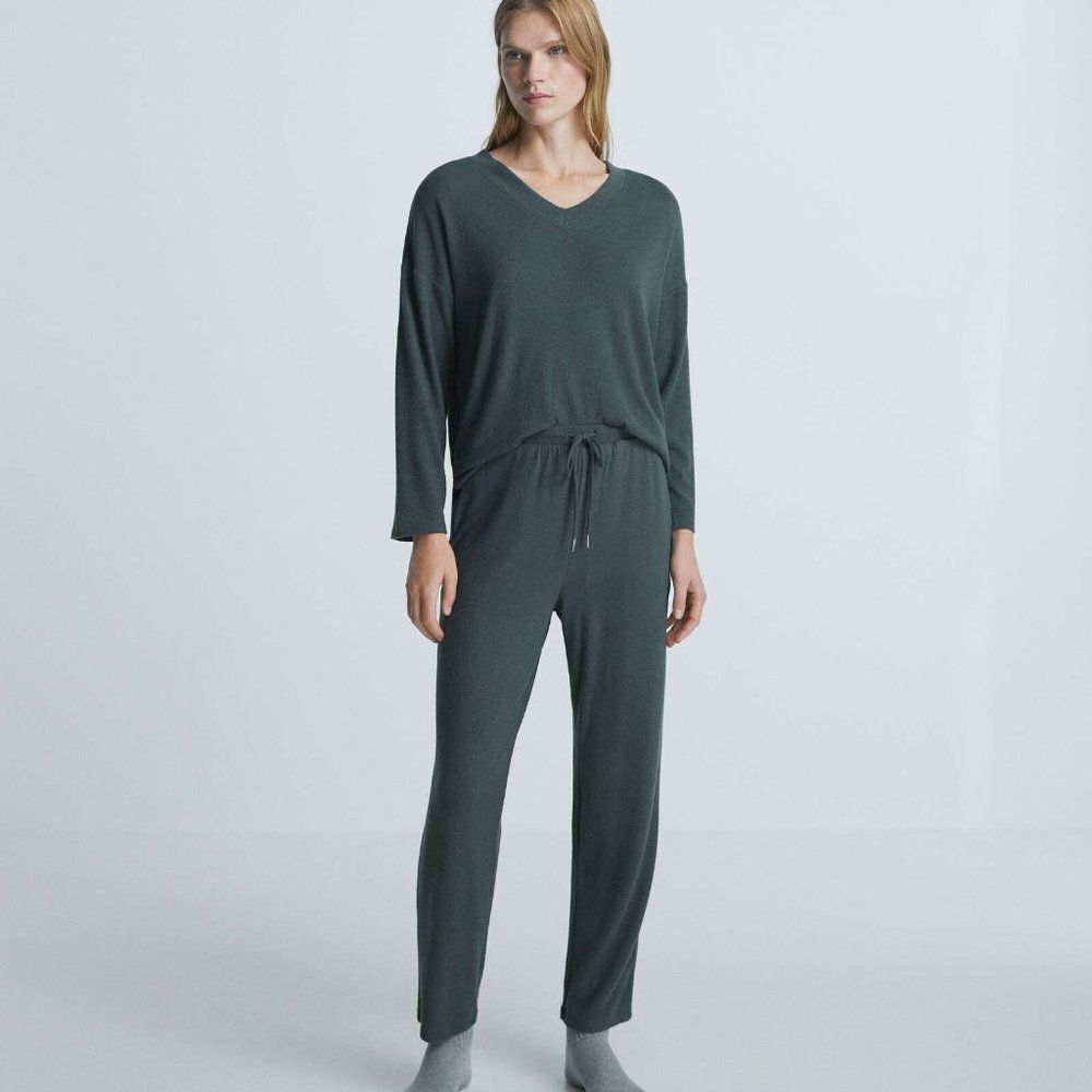 OYSHO Women's 2-Piece Long-sleeved comfort feel pajama set Charcoal Grey/Pine